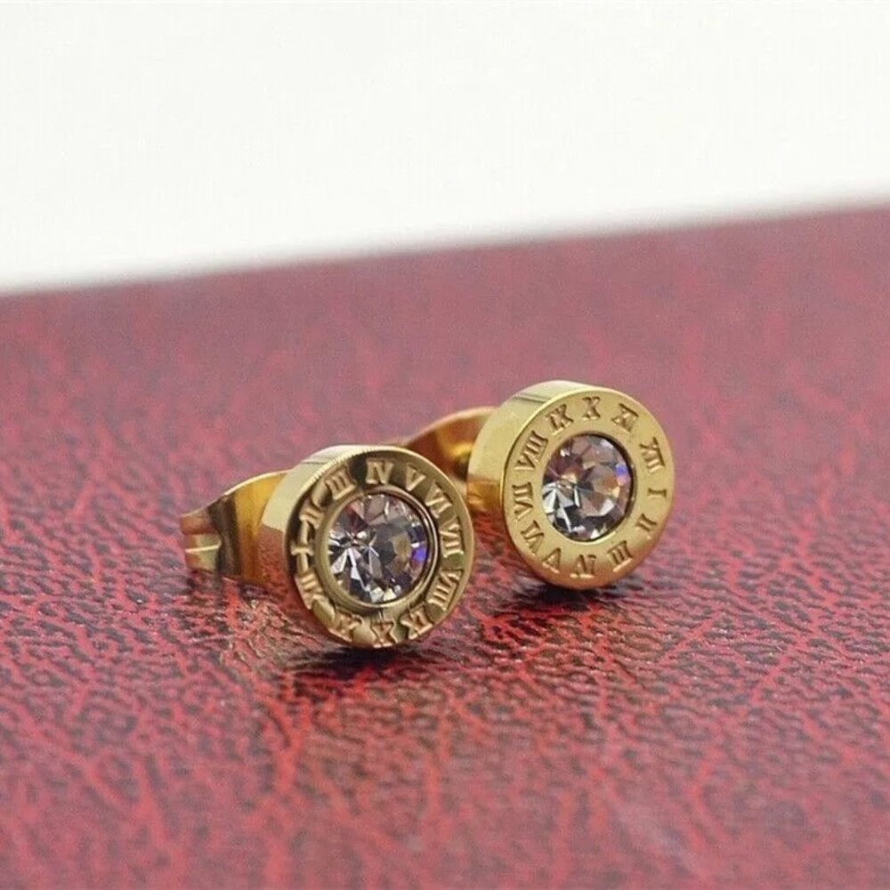 New Womens Numerals Gold  Diamond Cz Titanium Circular Earring